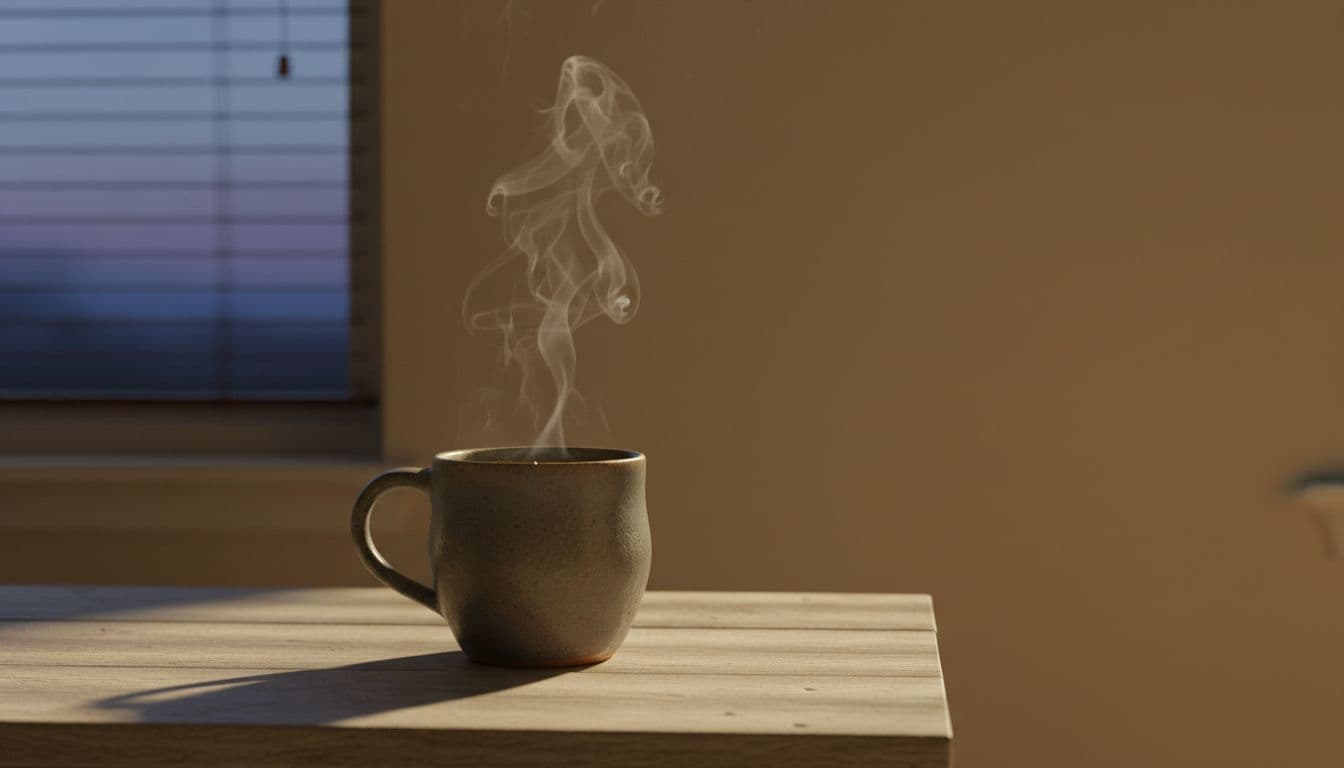 Ceramic mug filled with steaming herbal tea on wooden bedside table in fading dusk light through blinds.