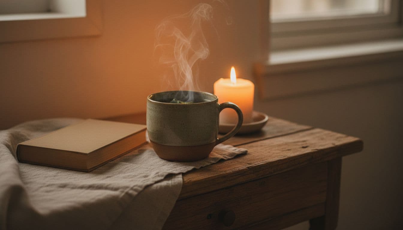 A steaming mug of herbal tea sits on a wooden nightstand alongside a linen cloth, open book, and candle, bathed in soft evening lamplight with an earthy palette of warm ambers and forest greens. Minimalist style with ample negative space and realistic wood and ceramic textures, evoking a calming pre-bed routine for deep sleep.