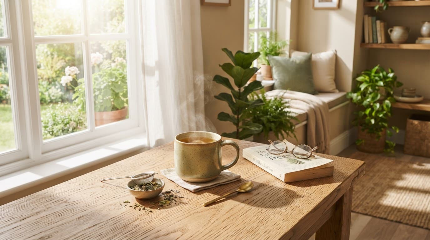 A ceramic mug of herbal tea sits on a sunlit wooden table.