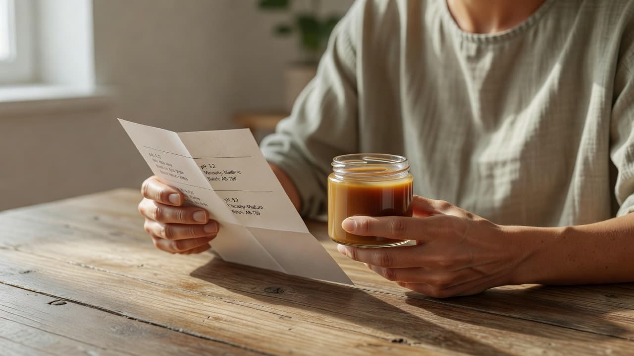 A person holds a blank lab report and a jar of balm over a wooden table.