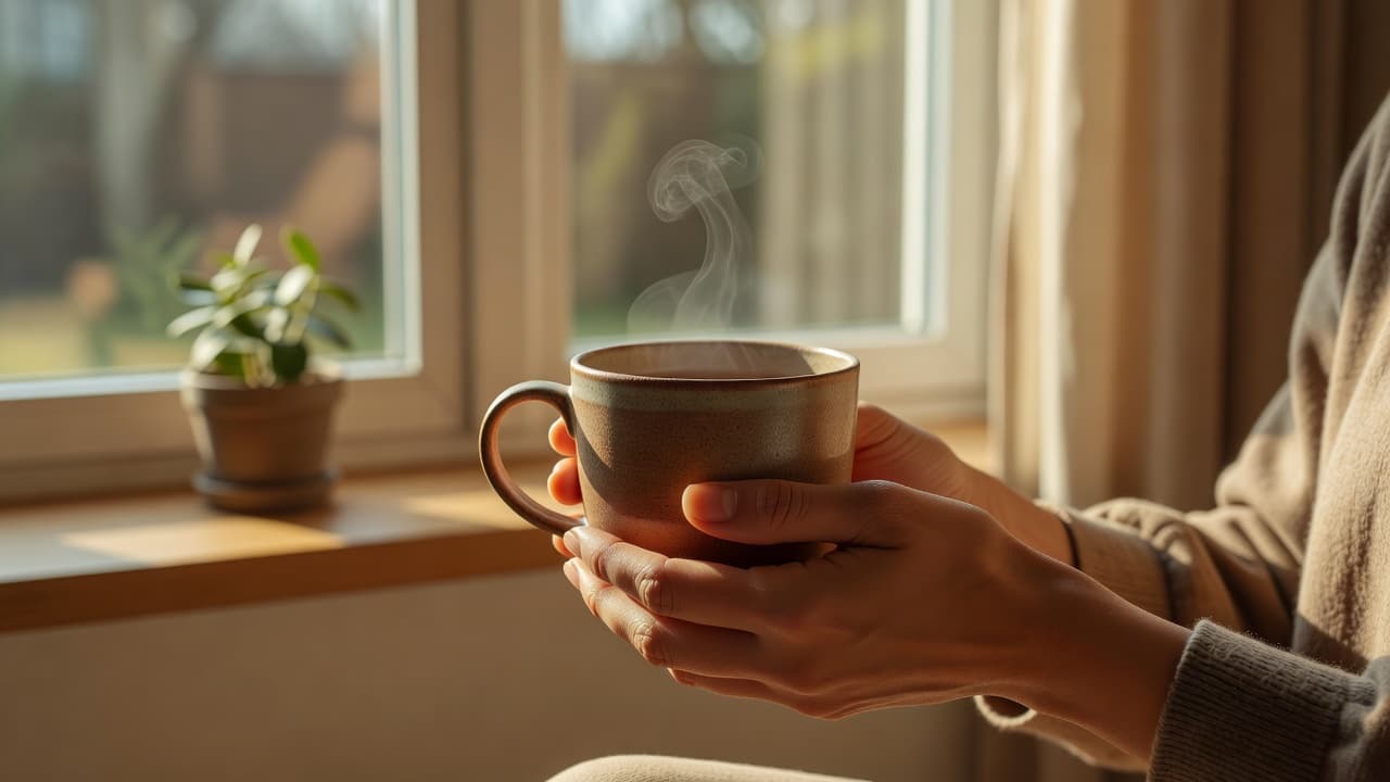 Two hands cradle a textured ceramic mug filled with steaming tea near a bright window. The soft morning light illuminates the minimalist interior while highlighting the gentle steam rising upwards.