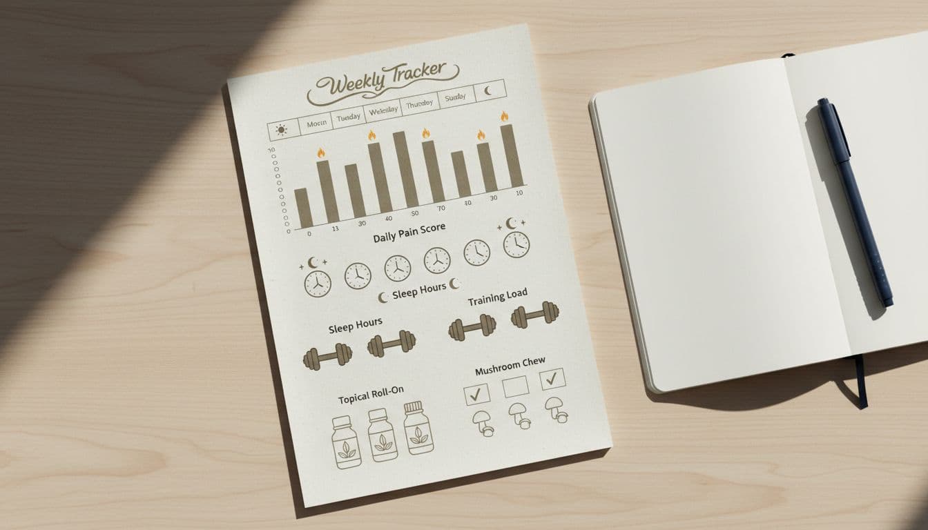 Illustrative flat lay of a simple weekly tracker journal page on a wooden desk, featuring visual icons and charts for daily pain scores, sleep hours, training load, and supplements like topical roll-on and mushroom chew. Photorealistic style with soft natural daylight, clean composition focused on the central page.