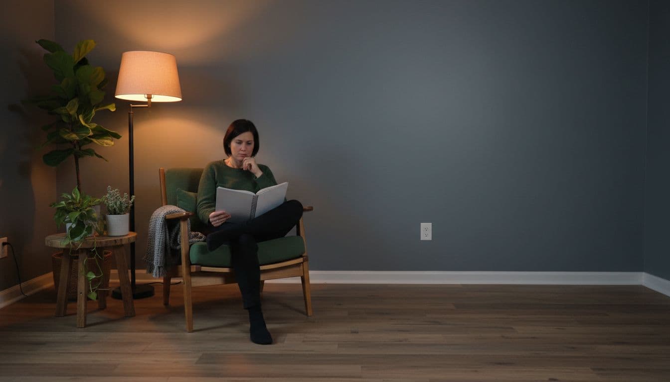 A relaxed adult sits in a wooden armchair in a cozy minimalist living room in West Bloomfield, MI at evening dusk, holding an open notebook as if reading sleep hygiene FAQs, with soft amber lamp light, potted plants, forest green cushions, and earthy tones creating a calm atmosphere.