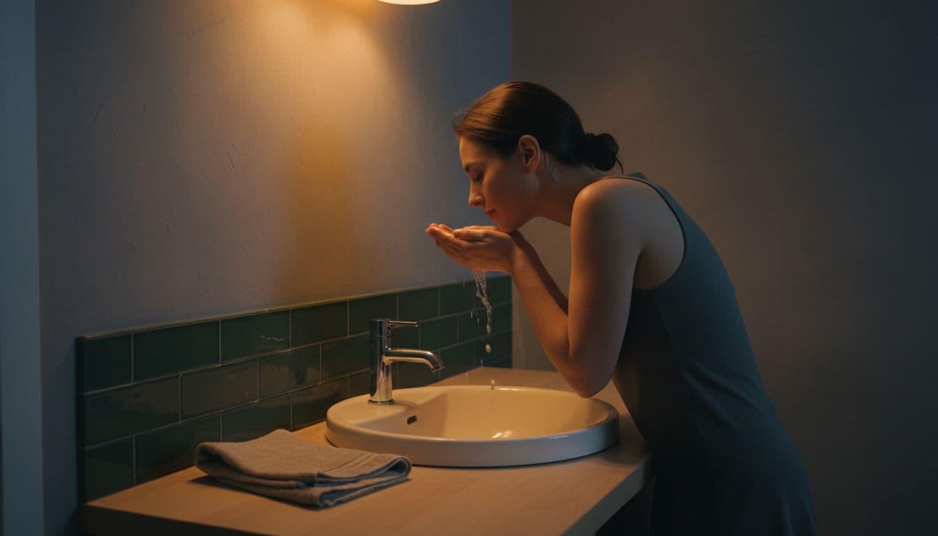 One person gently washing face with cupped hands at a minimalist West Bloomfield MI bathroom vanity in dim evening light, earthy tones, wooden counter, and natural textures.