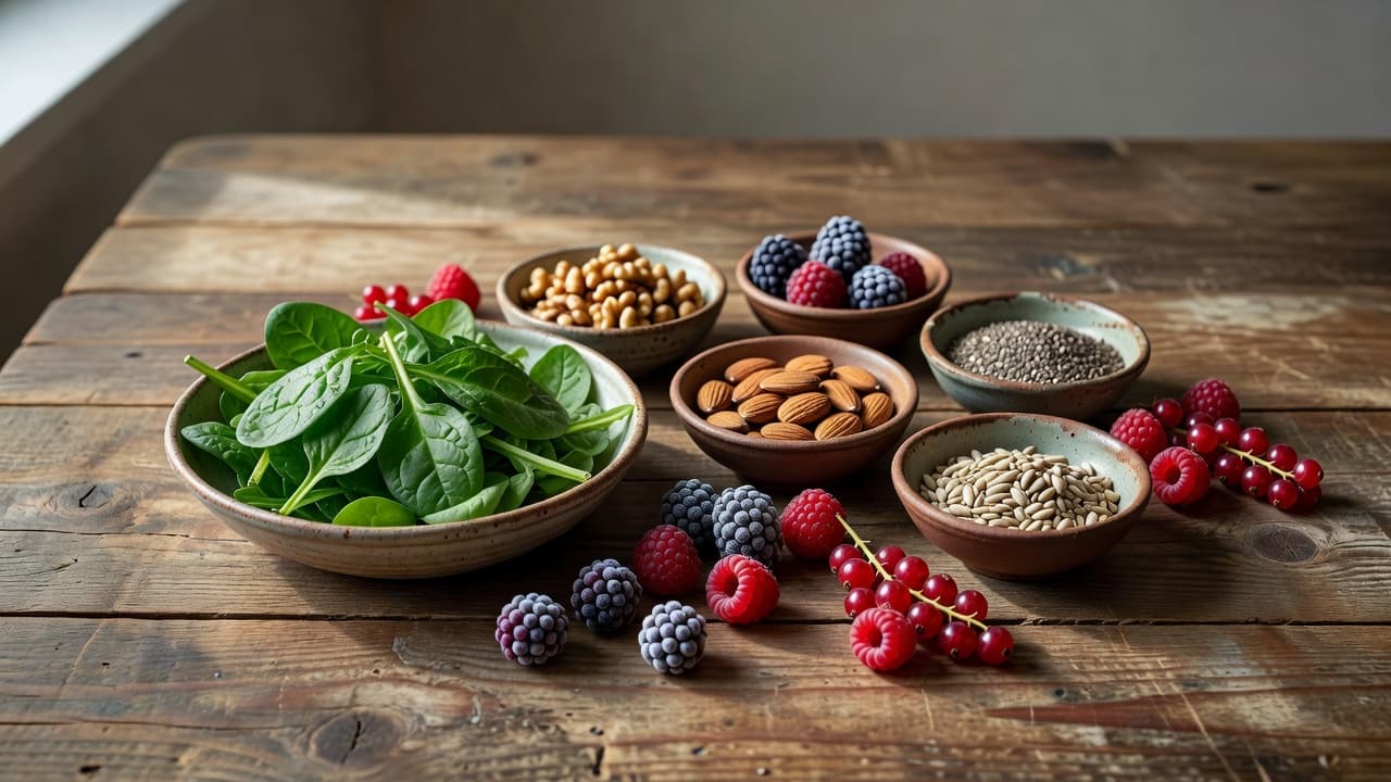 A rustic wooden tabletop displays a variety of fresh colorful berries, raw nuts, and seeds arranged around a ceramic bowl filled with vibrant leafy greens under soft, natural morning sunlight.