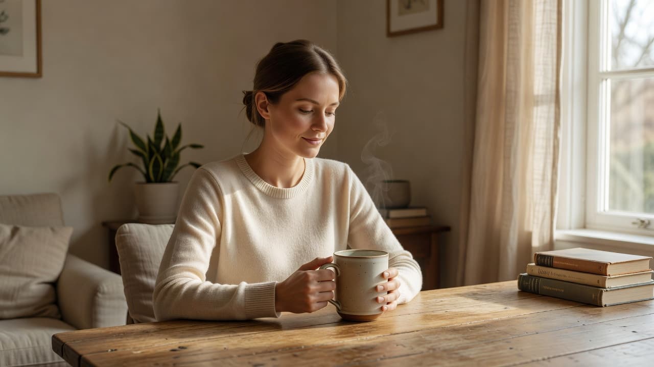 A woman sits at a wooden table in a sunlit room, holding a ceramic mug with both hands. The cozy scene features earthy tones and soft morning light casting gentle shadows.