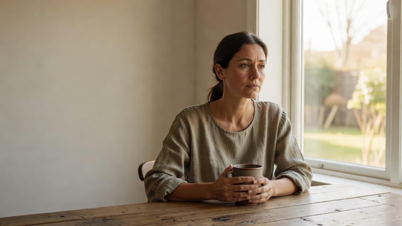 A woman sits at a wooden kitchen table beside a bright window, holding a ceramic mug with both hands. Soft morning light creates a peaceful atmosphere with natural textures and shadows.