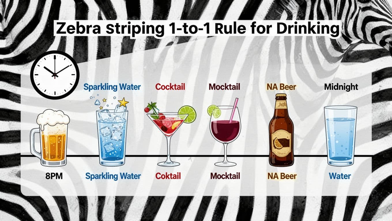 Clean infographic-style timeline illustrating the zebra striping 1-to-1 drinking rule, alternating alcoholic and non-alcoholic beverages from 8 PM to midnight with subtle zebra stripe background.