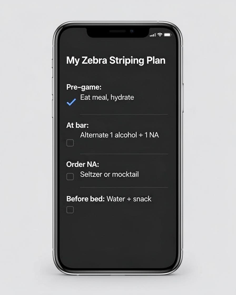 Smartphone screenshot of a minimalist dark mode app displaying a personal zebra striping plan checklist with one pre-game item checked and others unchecked.