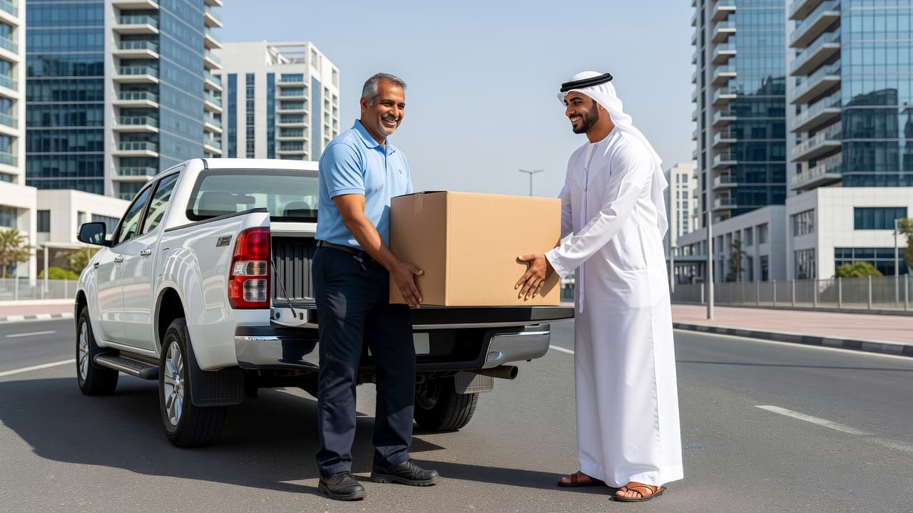 A friendly driver in uniform assists a customer with a cardboard box, sliding it into the white pickup truck bed. Modern residential high-rise towers frame the sunny, bustling Dubai city street.