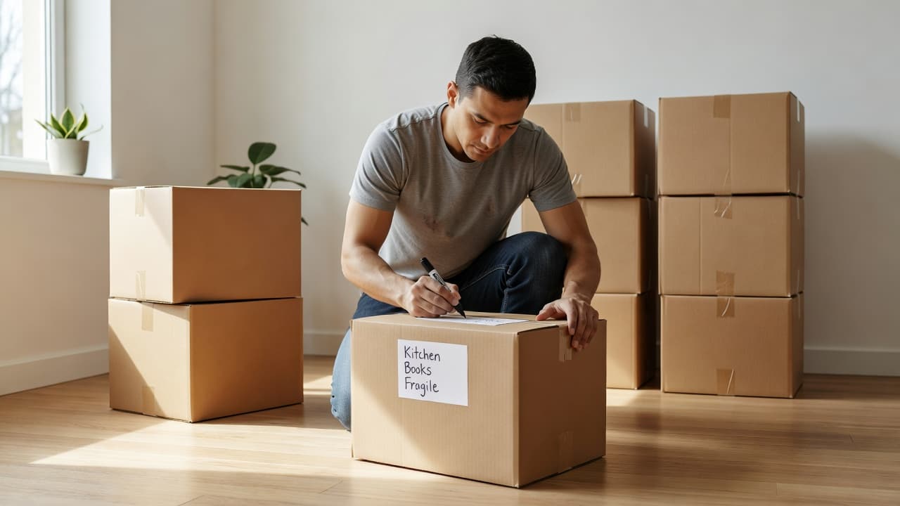 A focused individual carefully applies clear tape and permanent marker labels to sturdy brown cardboard boxes in a bright apartment. The surrounding floor space remains clean and orderly during the preparation.