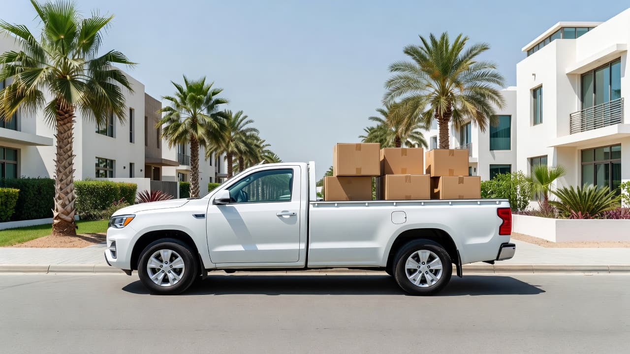 A clean white pickup truck sits on a paved residential street. Several brown cardboard moving boxes are neatly stacked on the ground beside the vehicle, waiting to be loaded for transport.