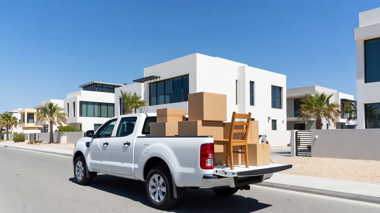 A white pickup truck sits on a paved street in a modern neighborhood, featuring several cardboard boxes and a wooden chair loaded into the bed. Sunlight illuminates the suburban landscape.