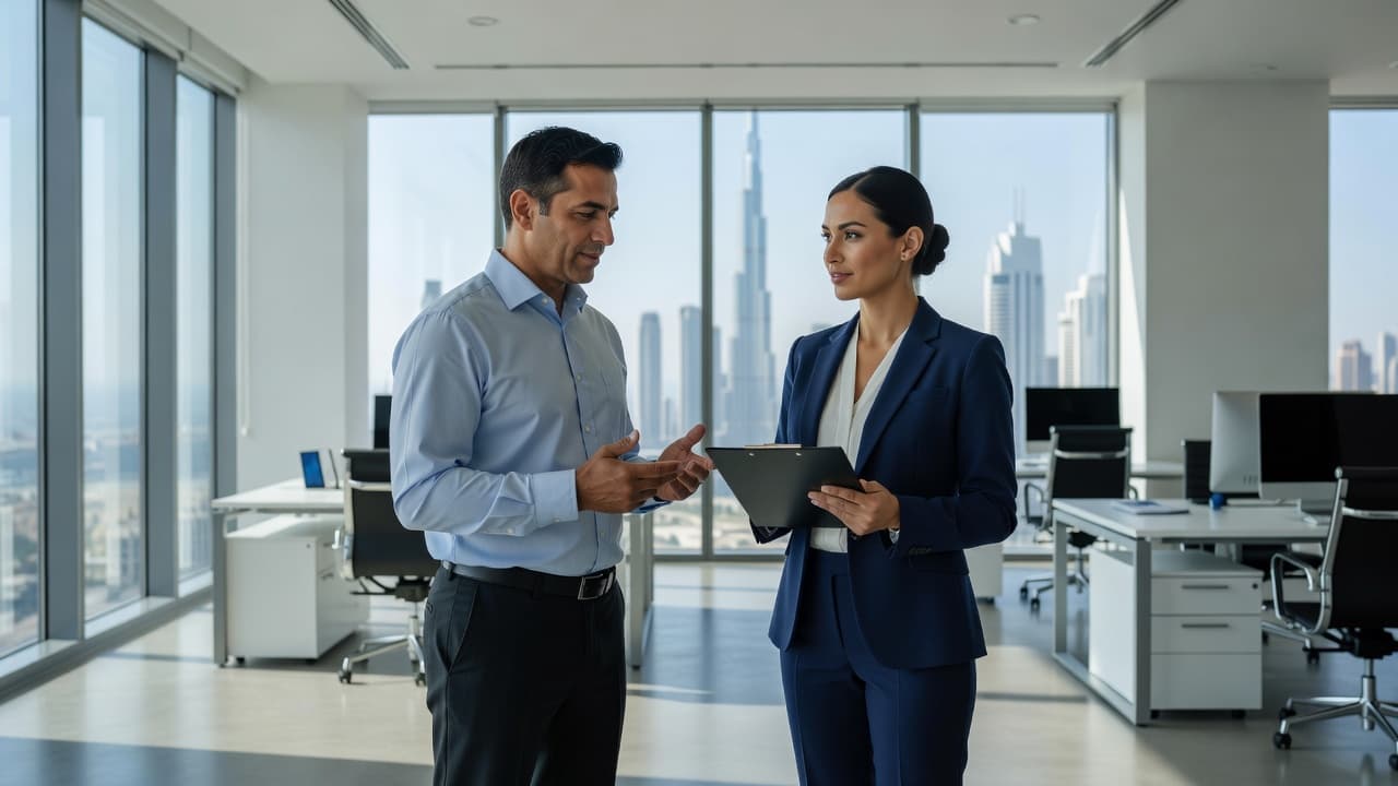 A professional rental representative stands in a bright, modern office holding a clipboard while discussing booking terms with a customer. Sunlight streams through the glass walls of the clean professional environment.
