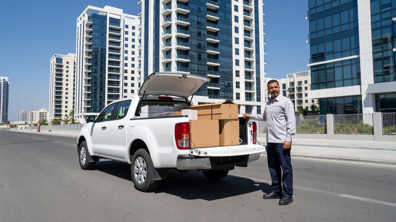 A professional driver stands by a white pickup truck on a suburban Dubai street. The vehicle's cargo bed is open as he prepares for a relocation task near modern apartment buildings.