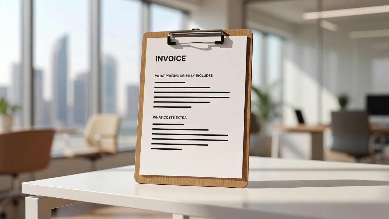 A clean wooden clipboard holds a professional invoice document positioned in the foreground. The background features a softly blurred, bright Dubai office interior with warm natural light enhancing the professional aesthetic.