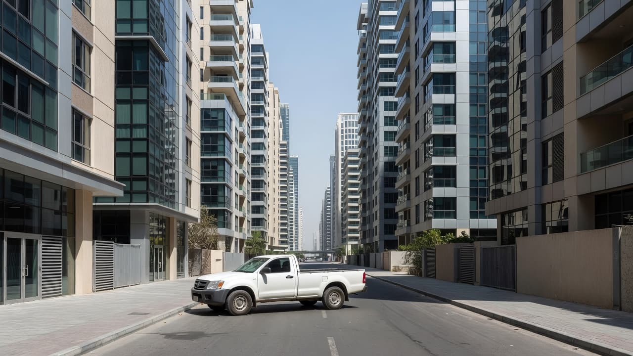 A clean white pickup truck sits parked on a narrow residential street. Towering, modern glass apartment high-rises loom in the background under a bright, clear daytime sky during the afternoon.