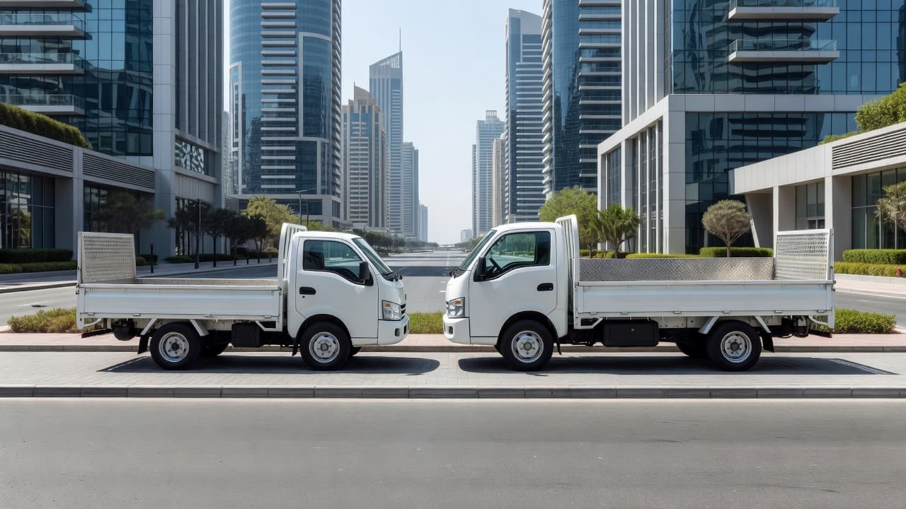 A compact white pickup truck is parked beside a heavy-duty large white truck on a clean asphalt street. Both vehicles feature open beds, illustrating size variations for different moving requirements.