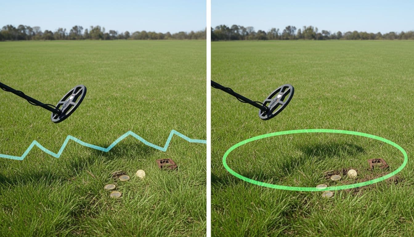 Side-by-side comparison: left shows incorrect high tilted uneven coil swing missing targets over grass; right shows correct low flat consistent sweep detecting targets, sunny day realistic photo, focus on coil motion.