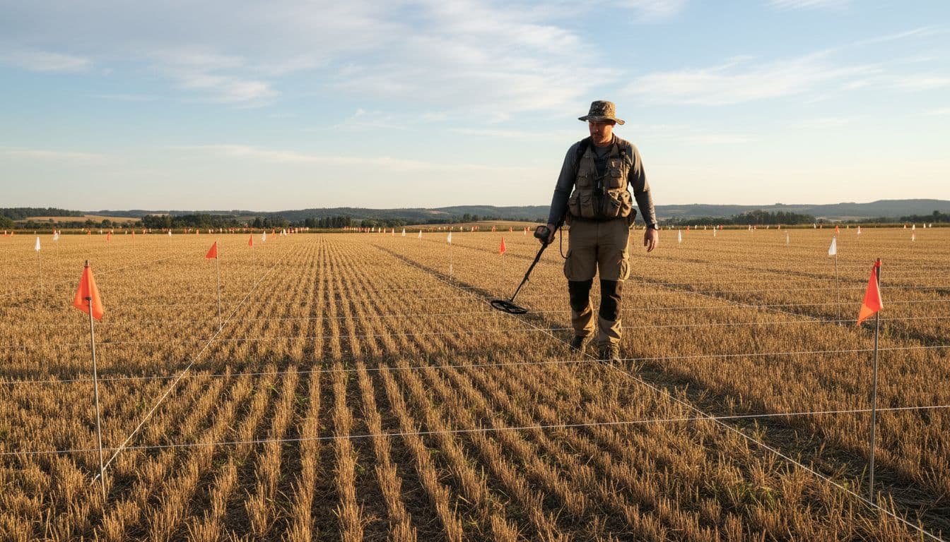 A metal detectorist in an open sunny field performs a precise grid search pattern marked with flags, walking straight overlapping passes for complete coverage. Realistic photography style with natural lighting, exactly one person, no text or logos.