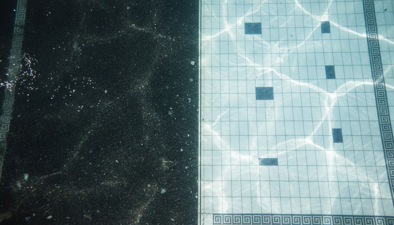 Split view of a swimming pool bottom: left side dirty and dark with accumulated grime, right side clean revealing light tiles with dark square patterns and decorative borders. Clear dividing line from top-down underwater perspective with natural diffuse lighting.