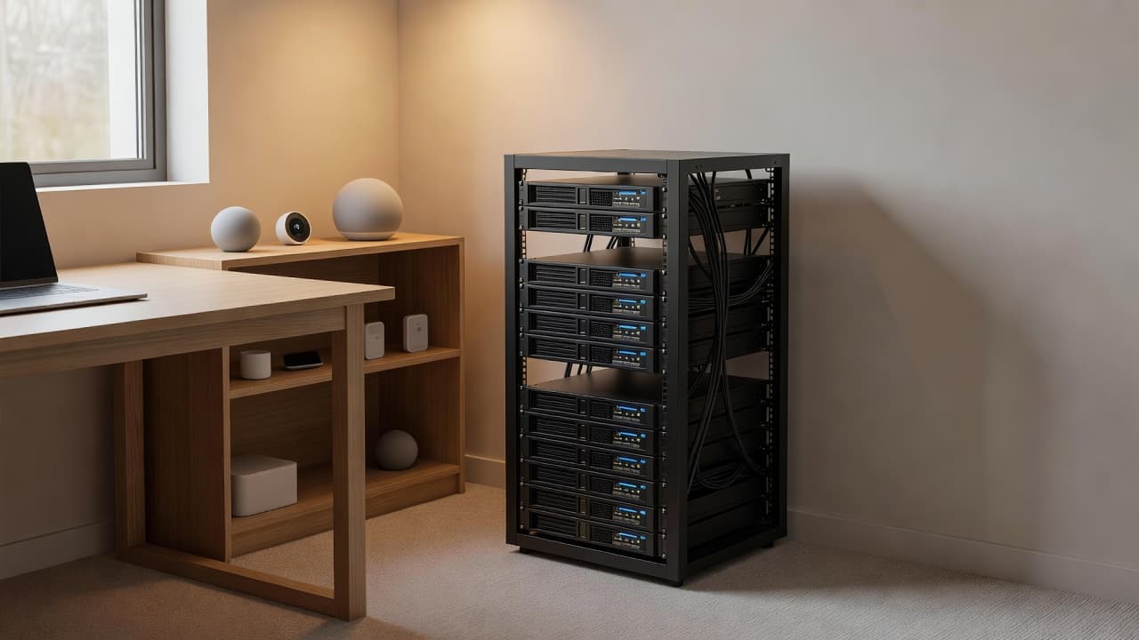 Un rack de servidor para automatización del hogar instalado en una oficina.