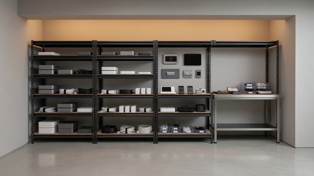 A well-organized storage area features sleek shelving units filled with various smart home components and wiring hubs. Soft ambient lighting illuminates the clean space, highlighting the tidy technical equipment installation.