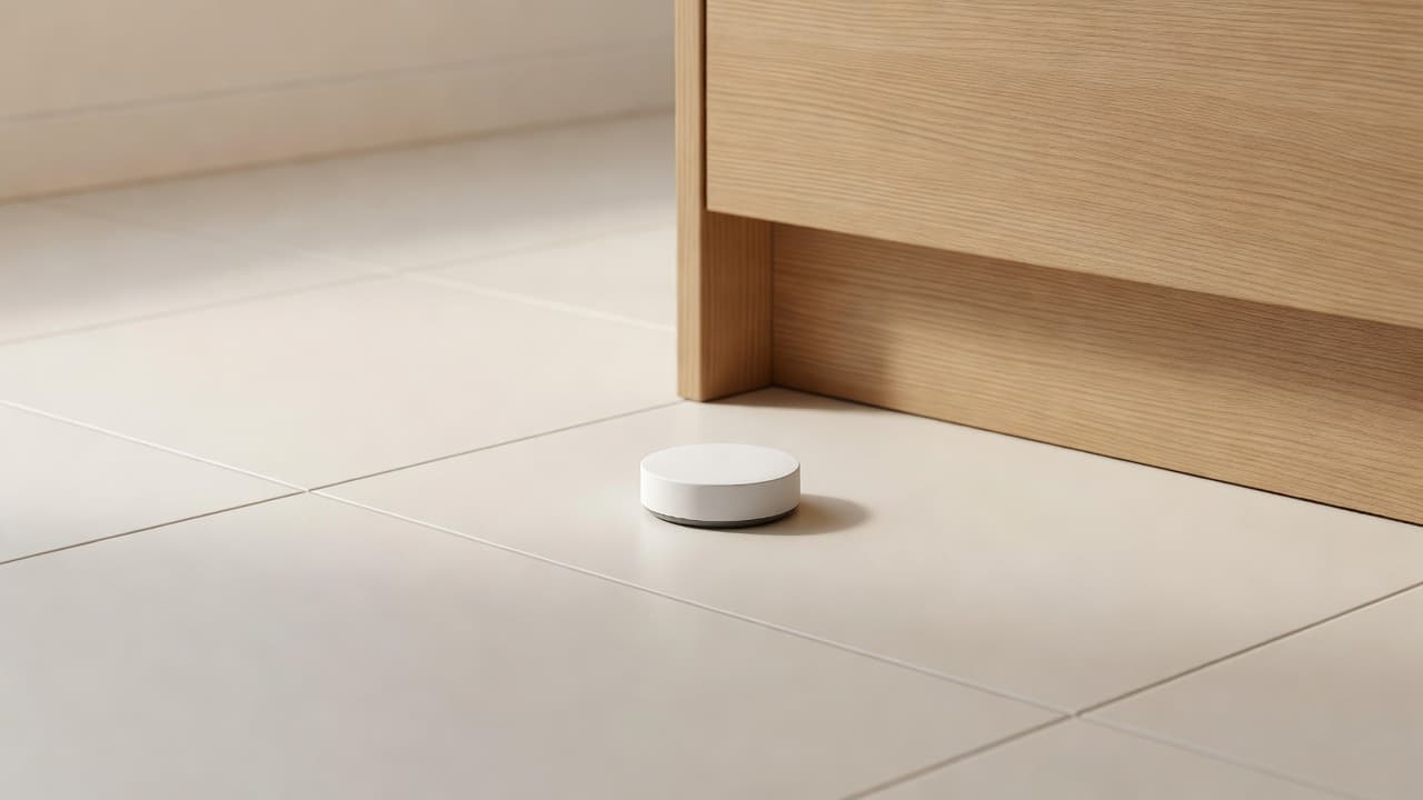 A small white electronic water leak sensor rests on patterned kitchen floor tiles. The device sits directly beside a dark wooden cabinet base, illuminated by gentle morning light from nearby windows.