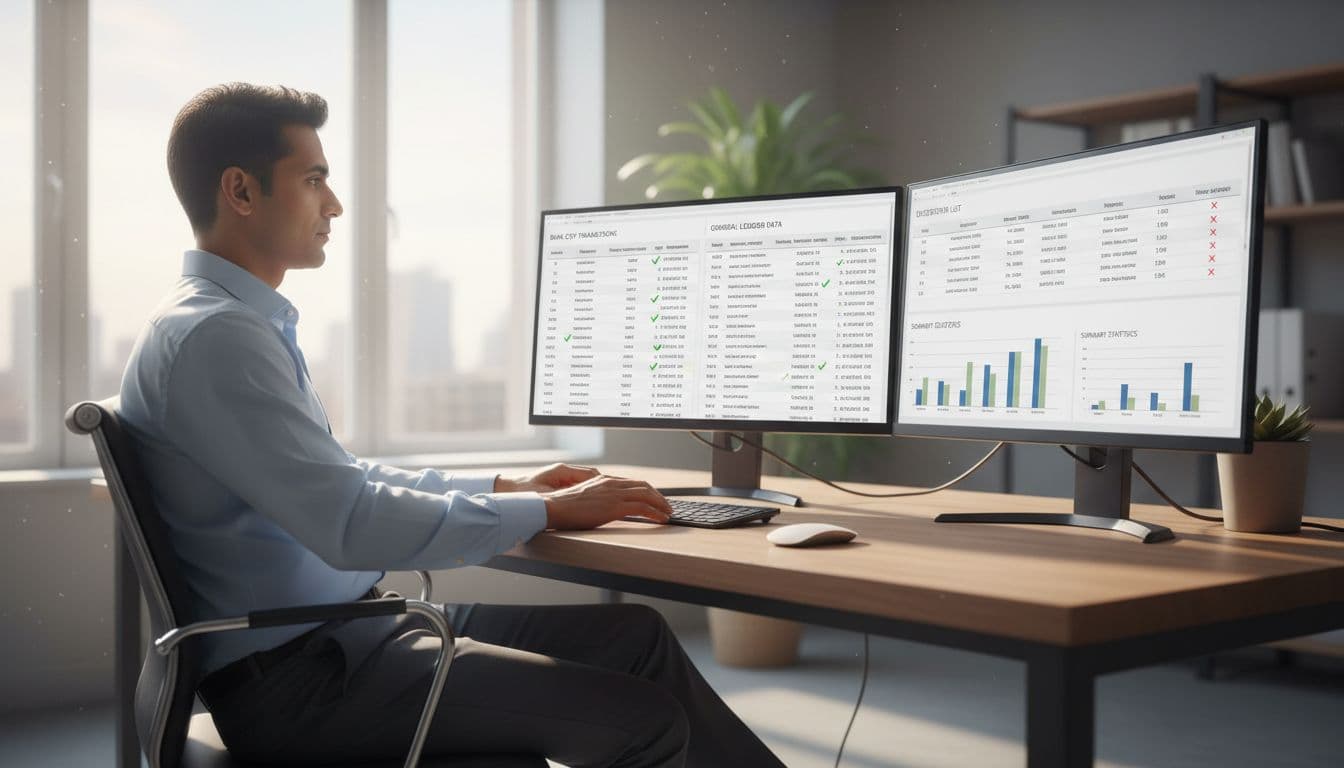 A finance analyst in a modern office reviews an AI-generated reconciliation report on dual monitors, one showing matched bank CSV and GL transaction tables with green checkmarks, the other displaying exception lists and summary statistics.