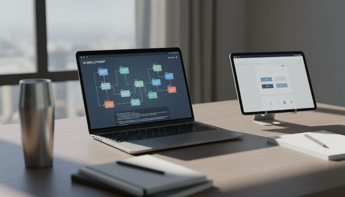 High-angle view of modern executive desk with laptop showing node-based AI diagram and nearby iPad with prototype interface in morning sunlight.