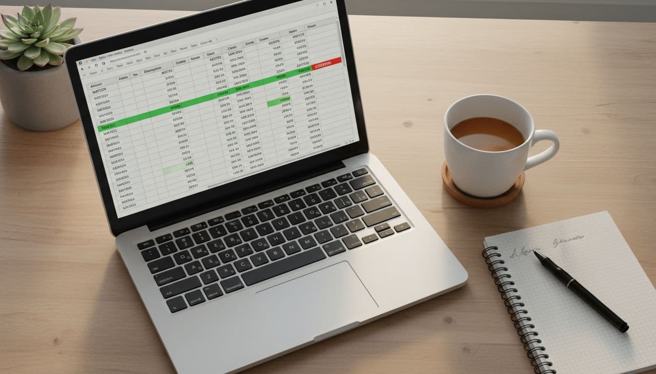 Clean desk setup with laptop open to spreadsheet of reconciled finance data, highlighted rows for matches and exceptions, coffee mug and notepad nearby, soft warm lighting, top-down composition, photorealistic, no people, no text visible.