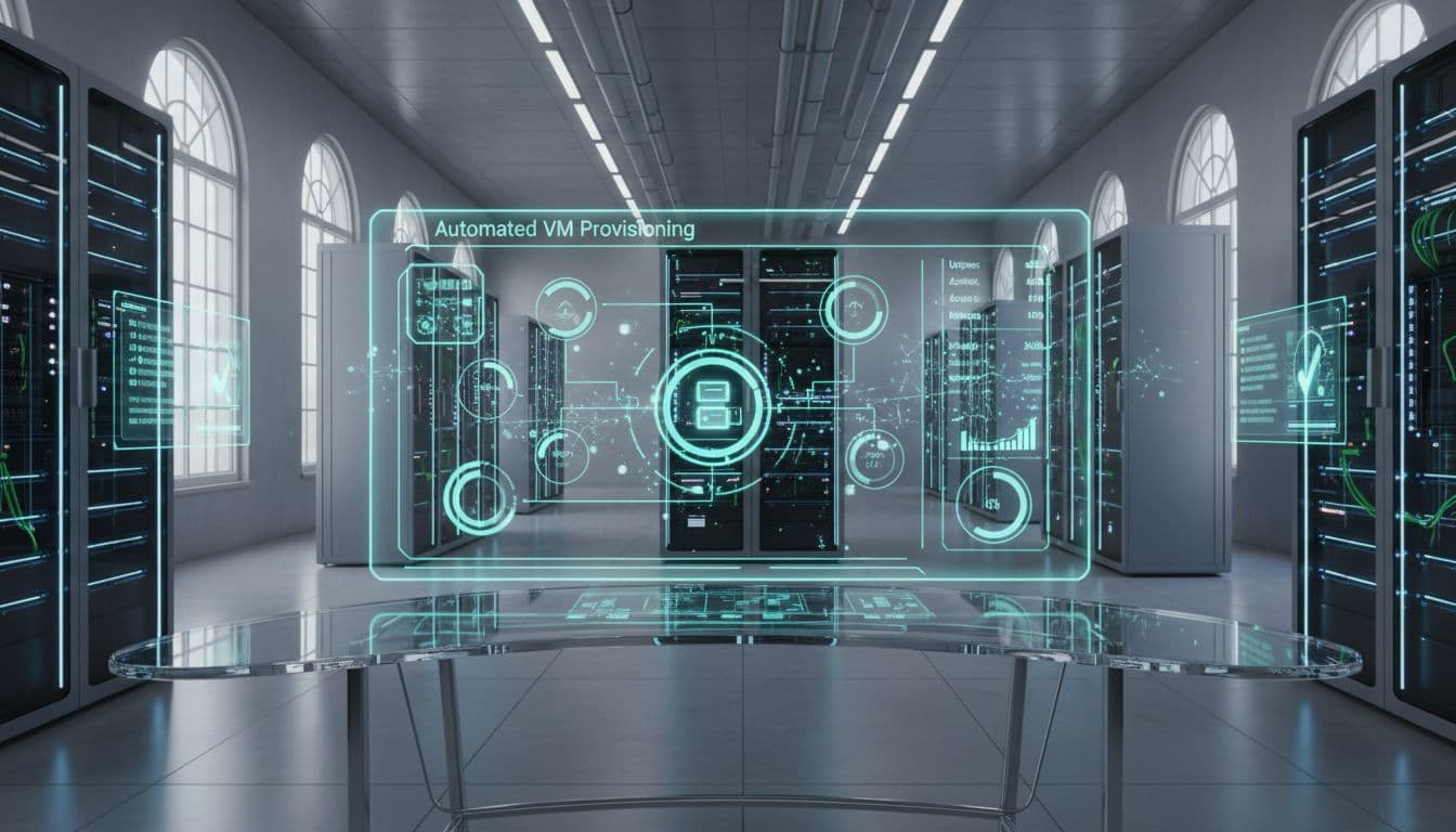Cloud infrastructure dashboard displaying automated VM provisioning workflow in progress, with server racks in the background and holographic status overlays, in a futuristic realistic tech style under natural lighting.