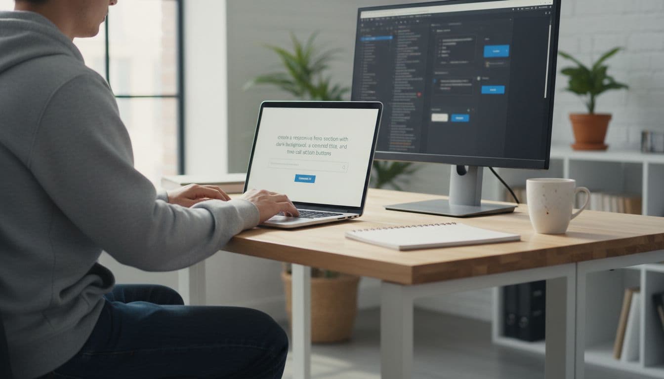 Developer sitting at a clean modern desk in a bright office, typing a text prompt into an AI Tailwind CSS generator interface on a laptop, with a nearby monitor displaying a blurred generated responsive UI component, coffee mug and notebook beside.