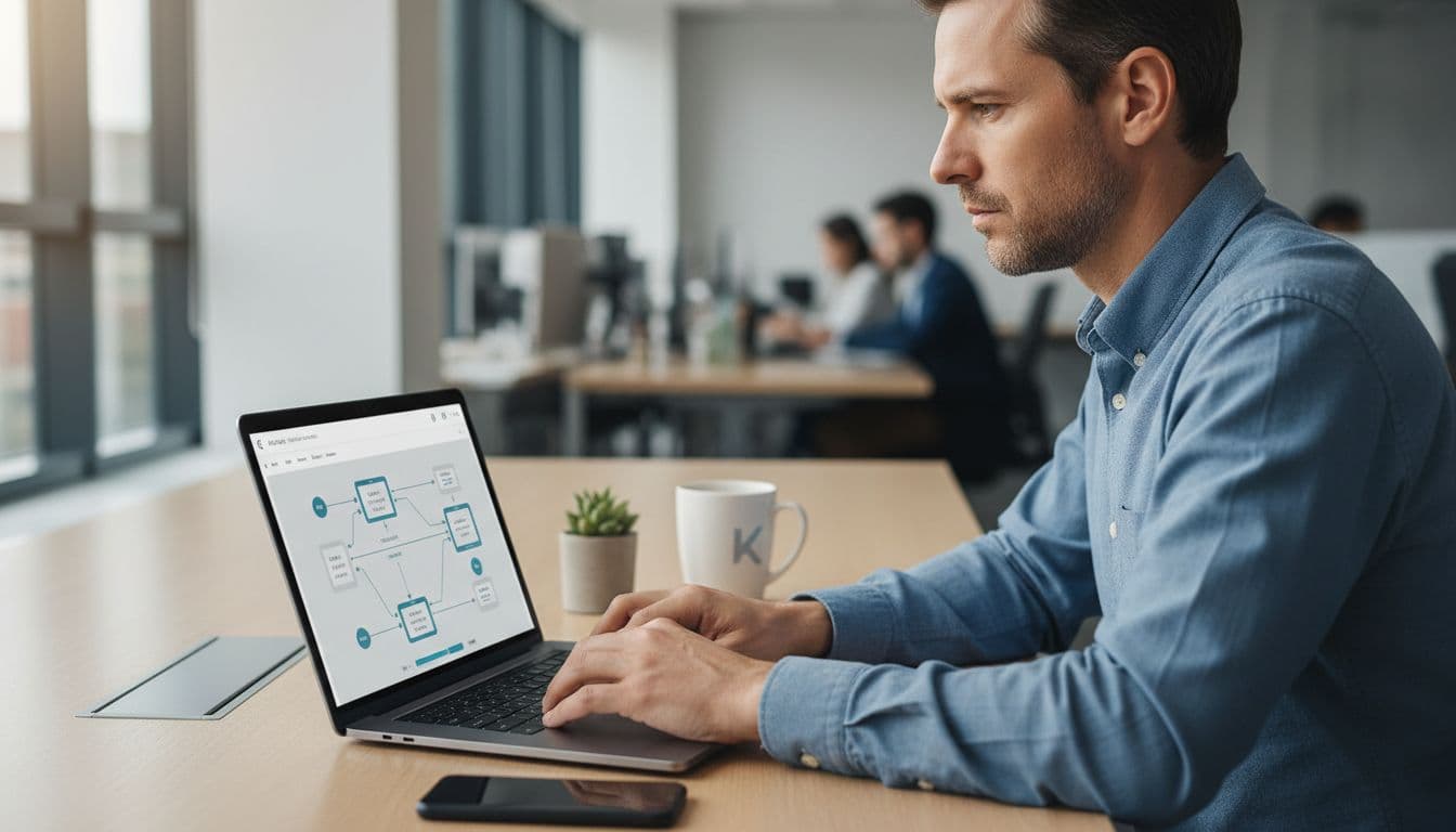 An IT manager in a modern office deploys a Kore.ai Marketplace workflow on a laptop, with a step-by-step interface visible on the slightly angled screen, coffee mug on desk, and soft window light.