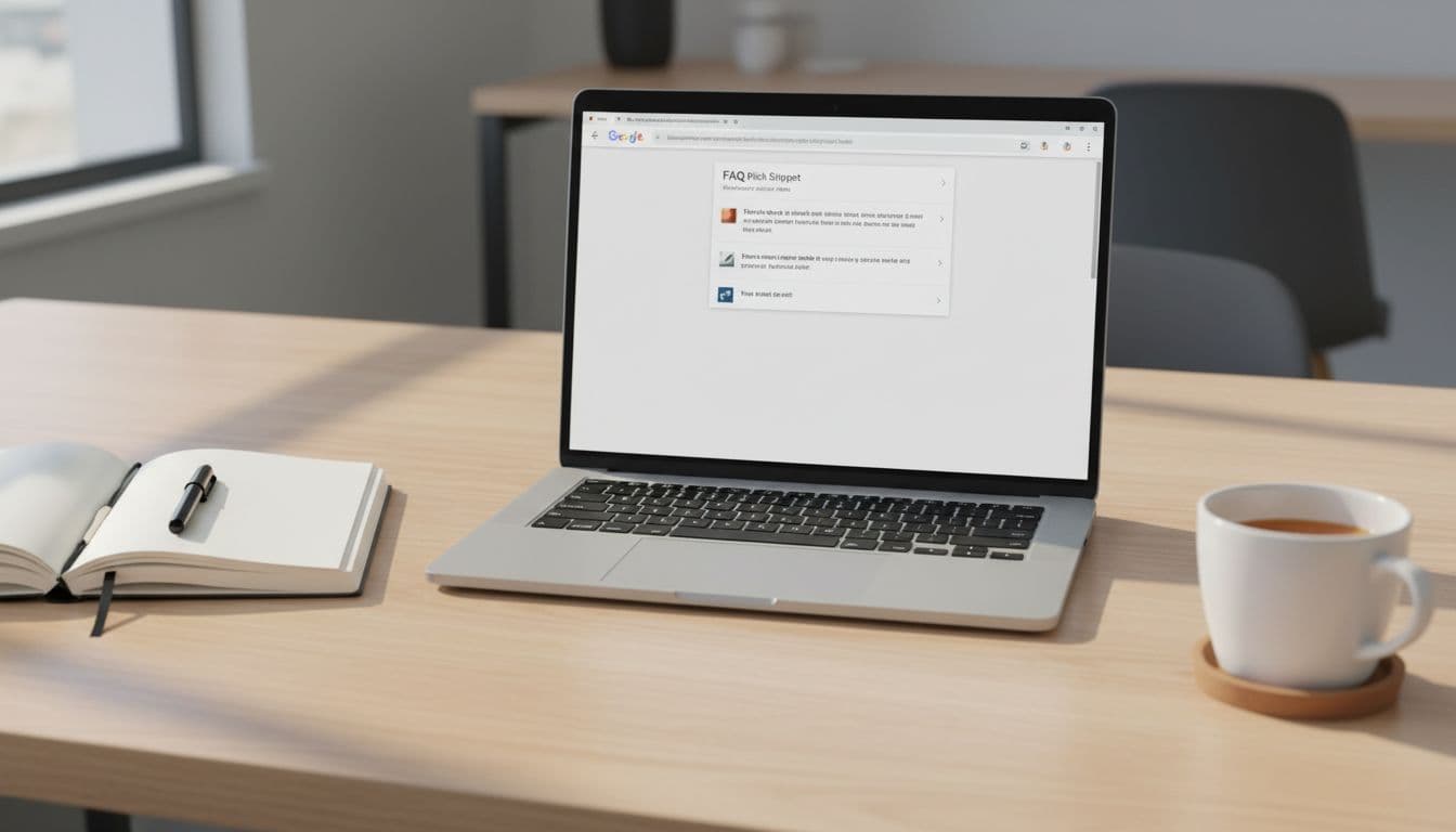 A realistic photo of a laptop on a modern office desk showing Google search results with a partially expanded FAQ rich snippet accordion, notebook and coffee mug nearby, natural daylight lighting.