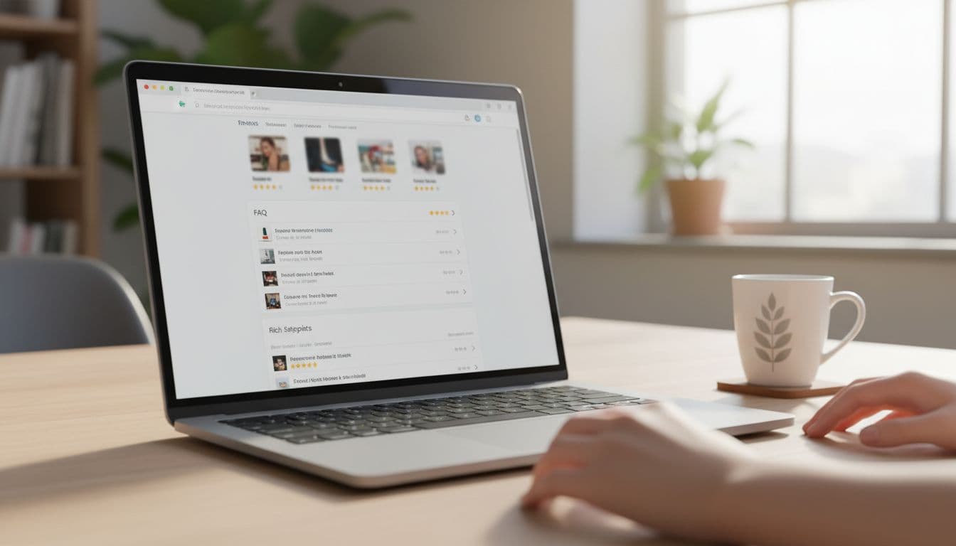 A laptop screen displays a search engine results page with rich snippets featuring stars, FAQ accordion, and product carousels, set on an office desk with a coffee mug nearby in a natural setting.