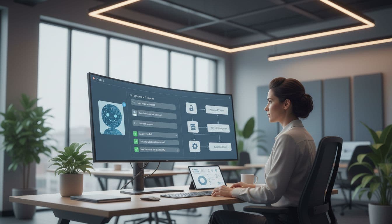 Modern IT service desk featuring an agent viewing workflow steps on screen for automated chat handling password reset request in softly lit professional office, exactly one person, realistic style.