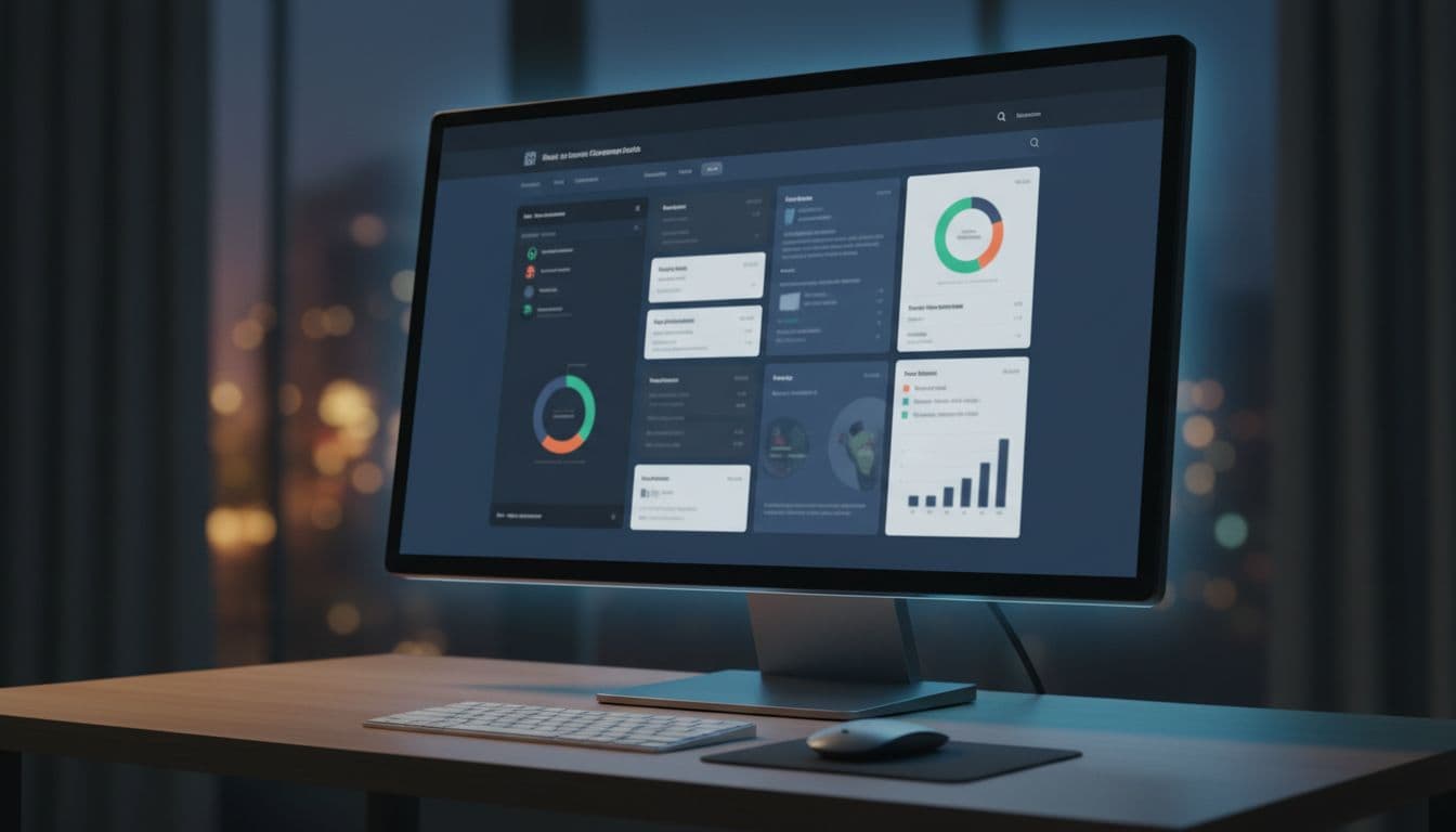 A modern web app dashboard interface using React components and Tailwind CSS is shown on a computer screen at an angle in a desk setup with mouse and keyboard, featuring evening ambient lighting and subtle screen glow.