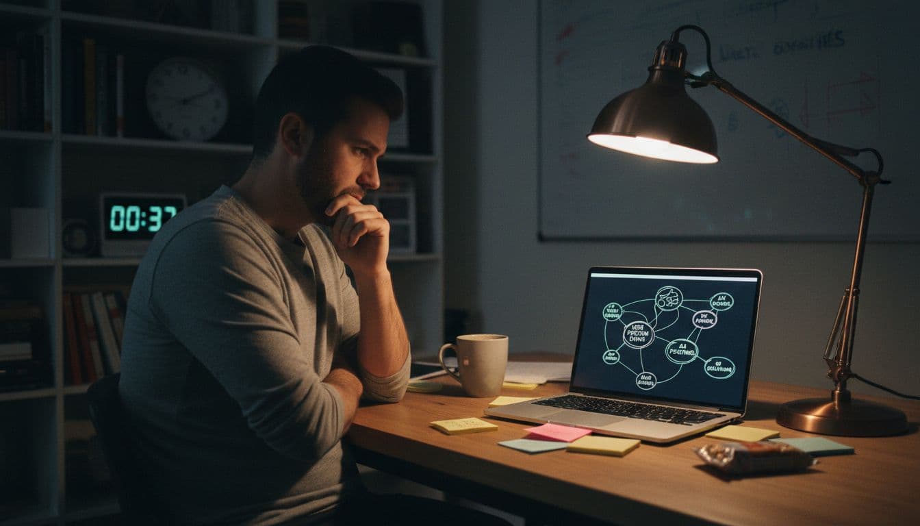 SaaS founder at desk with laptop showing mind map, arms crossed in thought, sticky notes and coffee nearby.