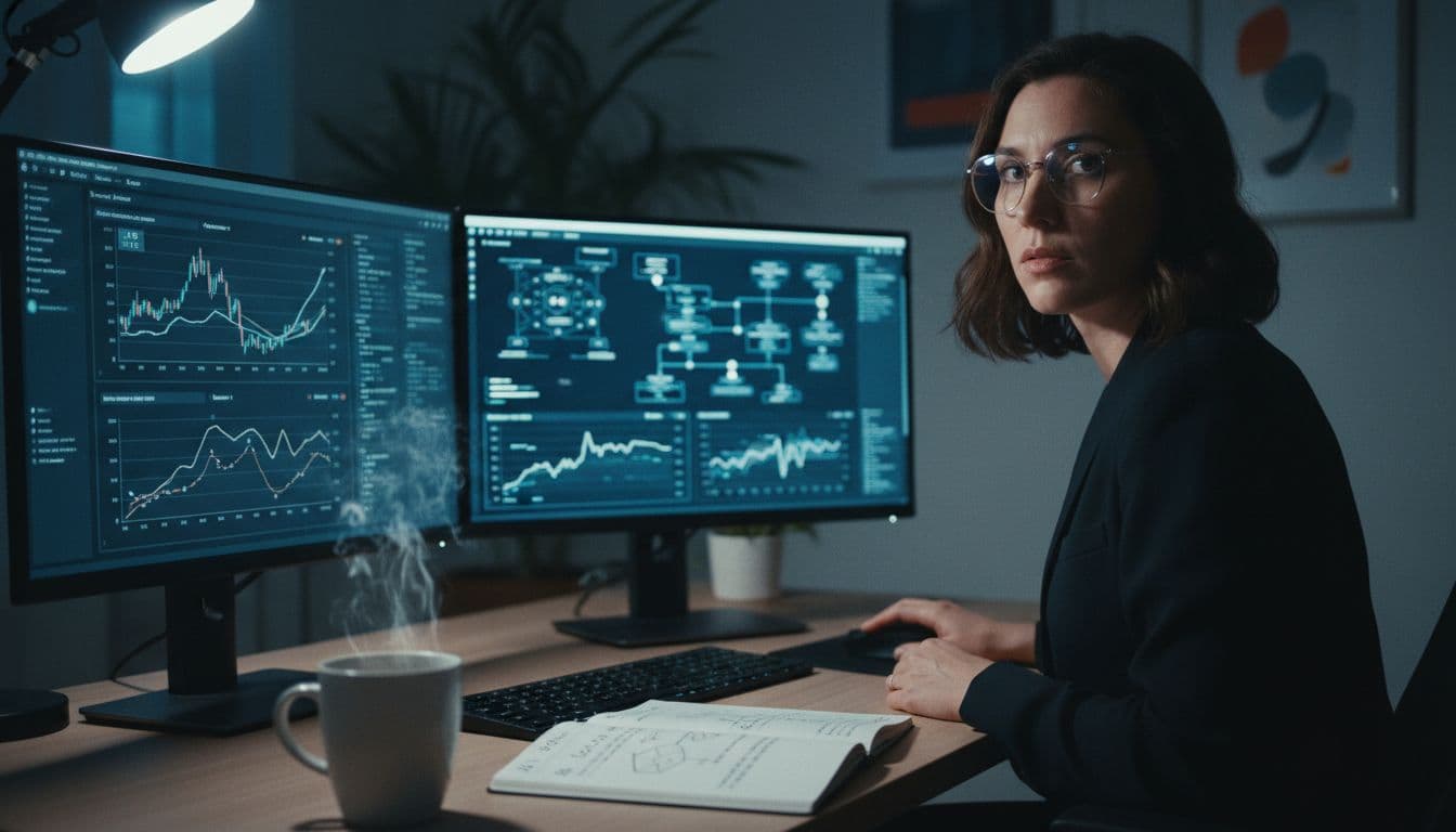 Focused SaaS founder in home office at night views dual monitors with valuation charts and trend graphs, coffee mug and notebook nearby.