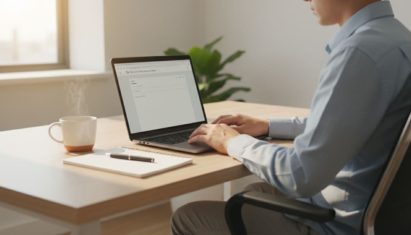 A focused person at a modern desk uses a laptop showing Google's Structured Data Markup Helper with URL entry field and preview pane, notebook and coffee nearby, natural daylight.