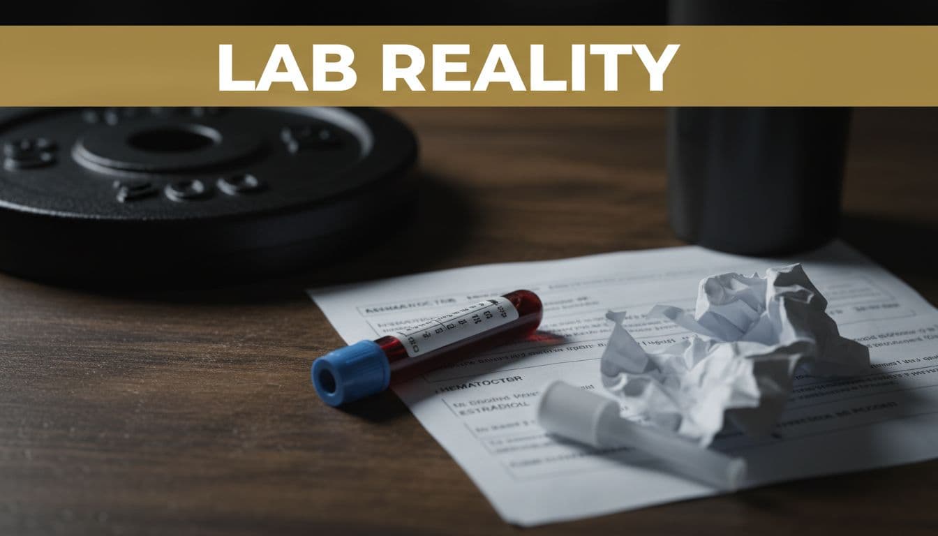 Realistic closeup of a wooden gym desk featuring a blood test vial, blurred lab report with hematocrit and estradiol, testosterone syringe cap, weight plate, and protein shaker in moody low-key lighting.