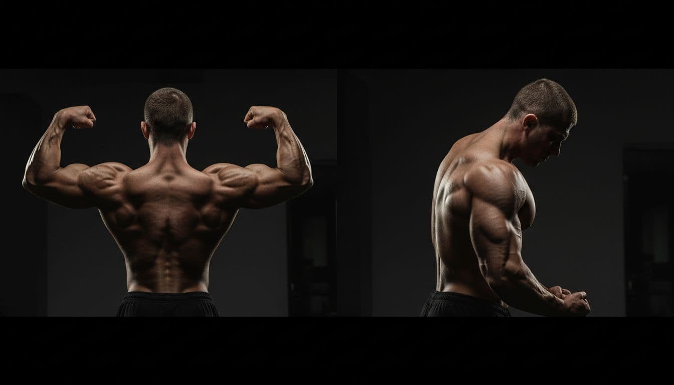 Realistic high-contrast split photo of a muscular male bodybuilder in a dark gym: rear double biceps pose on left highlighting wide lat flare for back width, side chest pose on right showing deep upper back thickness, with dramatic side lighting and gold muscle highlights.