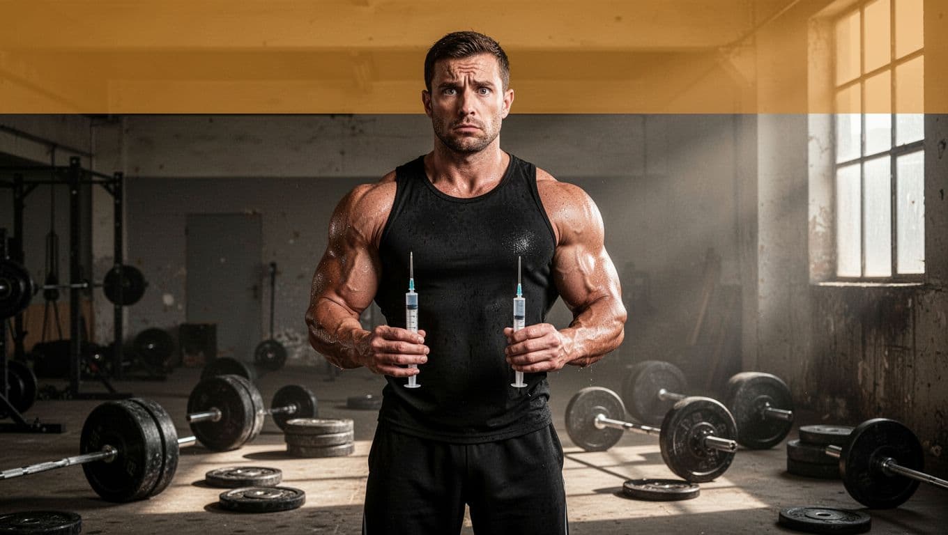 Muscular mid-30s bodybuilder in dimly lit industrial gym stands front view, looking puzzled at two unlabeled syringes held loosely at waist level, with heavy barbells scattered behind, dramatic volumetric lighting and 'Wrong Choice' headline band at top.
