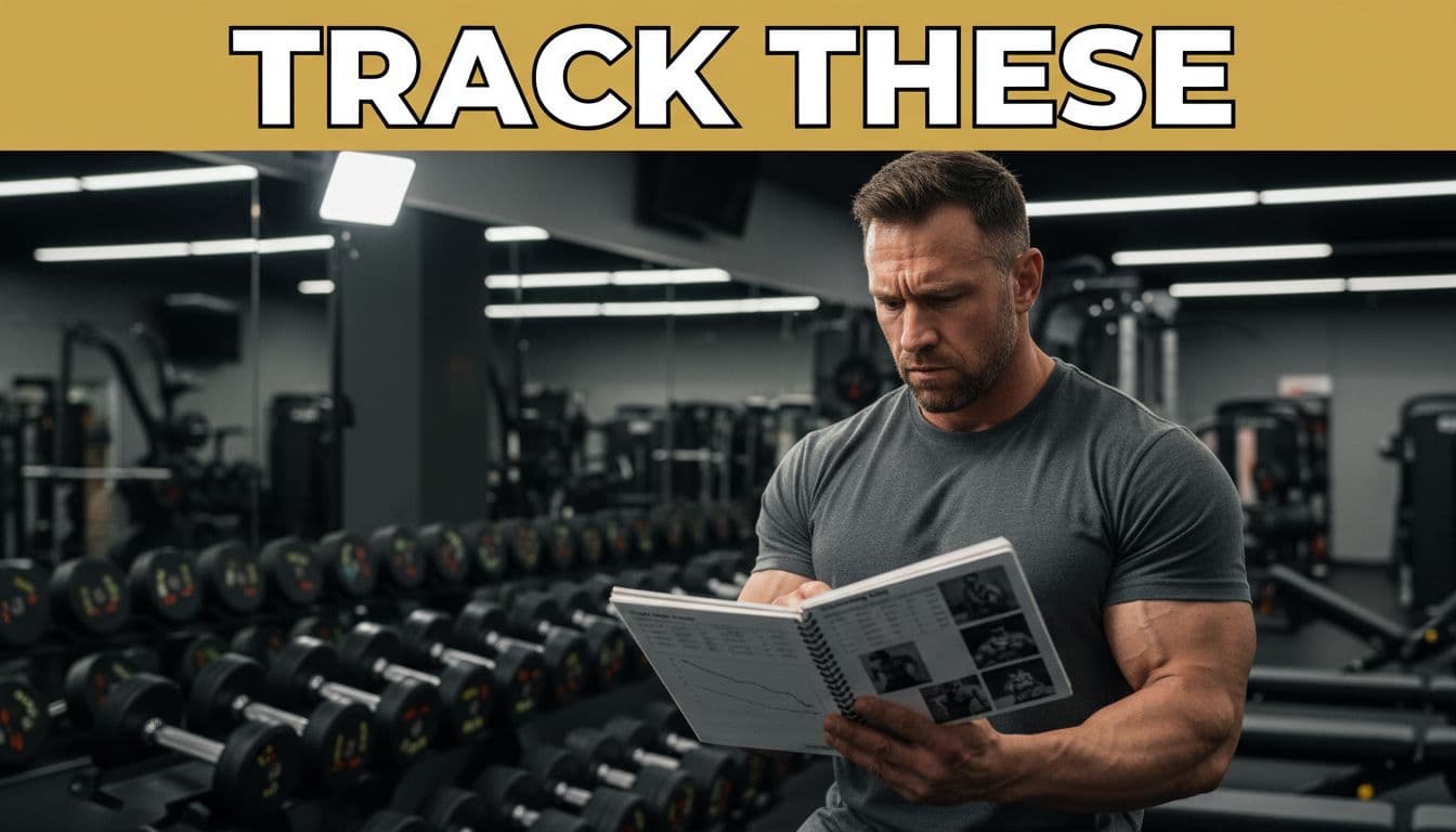 A focused male bodybuilder in his mid-30s examines his notepad with scale weight trends, training log, and photos in a clean gym environment with barbells and racks. High-contrast realistic photo featuring a bold 'Track These' headline band.