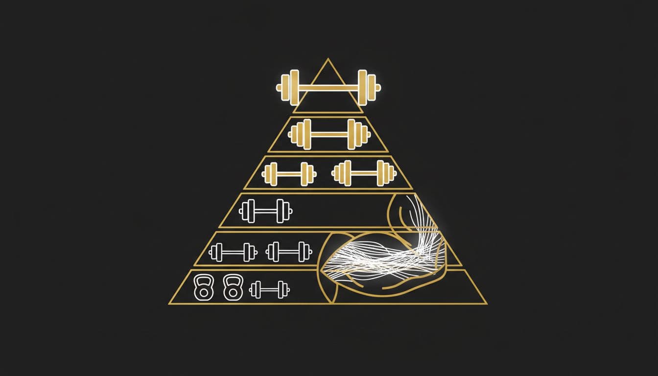 Clean simple illustration graphic of a muscle progression pyramid, with base layer of clean controlled reps building tension to top heavy loads earned through form. Side delt muscle fibers highlighted in tension, ascending gym weight icons, high contrast vector style on black charcoal background with gold accents and white highlights.