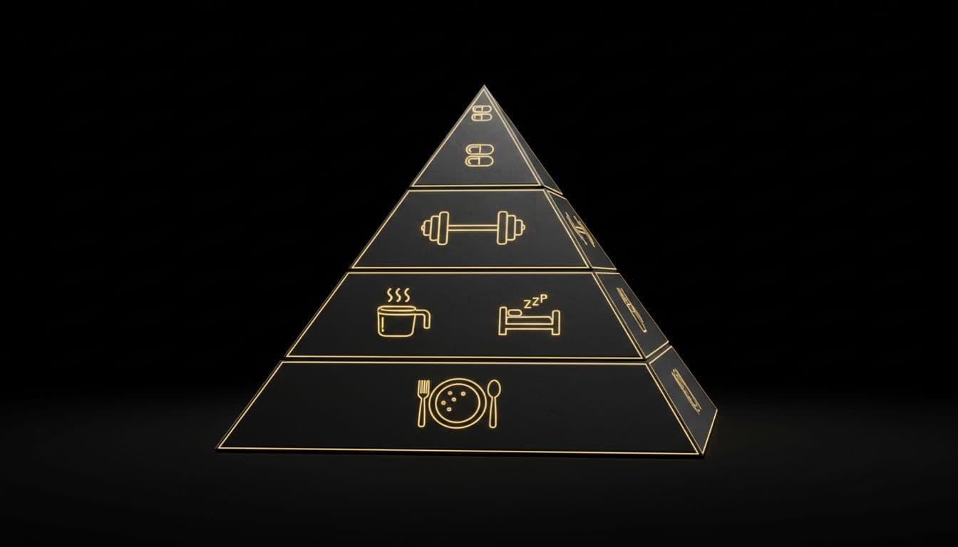 Realistic 3D rendered sturdy pyramid with wide base divided into four sections featuring icons for calories, protein, sleep, and training, narrowing to a tiny apex stack of supplement capsules, in high-contrast black, white, and gold design.