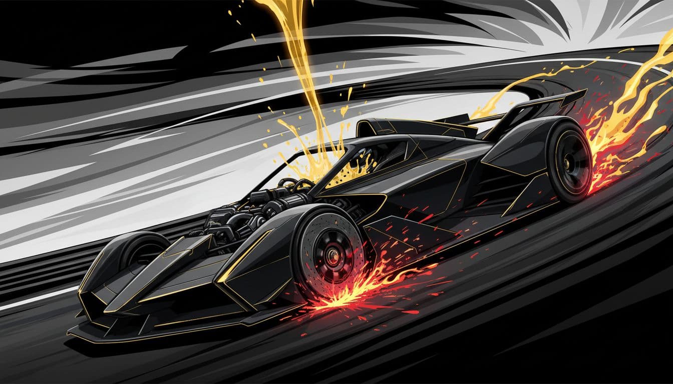 Sleek black race car speeding brakeless on dark track with high-octane fuel pouring into engine and red sparks from grinding wheels, high-contrast illustrative style with gold accents.