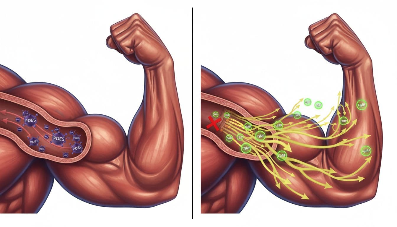Split-panel realistic illustration of a constricted artery with high PDE5 blocking blood flow on the left, contrasted with a dilated artery where PDE5 is inhibited, allowing abundant blood flow to a pumped bicep muscle on the right.