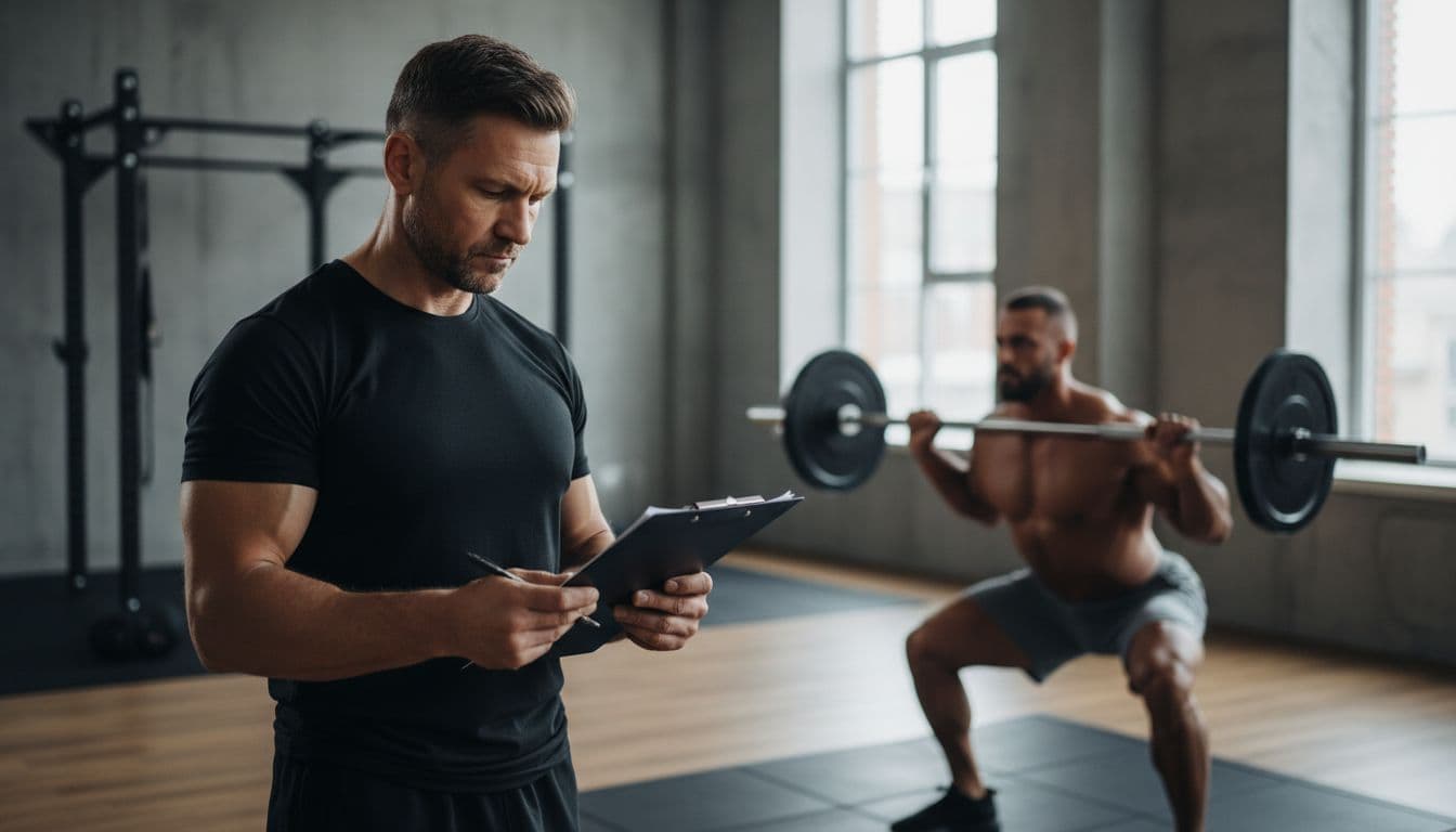 Serious male coach in 40s holds clipboard in modern gym, intently reviewing data as muscular client squats with barbell in background, capturing focused professional coaching atmosphere.